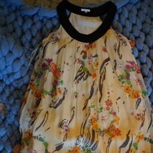 Asian inspired floral dress with black satin neck